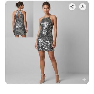 Express Sequin Halter Mini Dress in Charcoal Grey - Size XS